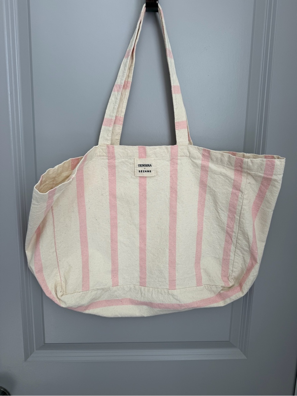 Sézane Tensira Cotton Canvas Striped Tote Bag Cream Pink Logo Accents